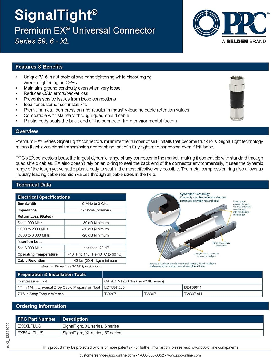 PPC SignalTight premium EX universal connector product sheet with features, benefits, and technical details.