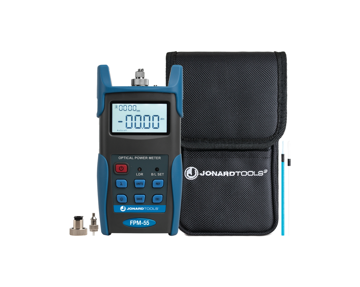 Fiber Optic Power Meter with Data Storage (-50 to +26 dBm) and FC/SC/LC Adapters | FPM-55 - Cable Connection & Supply