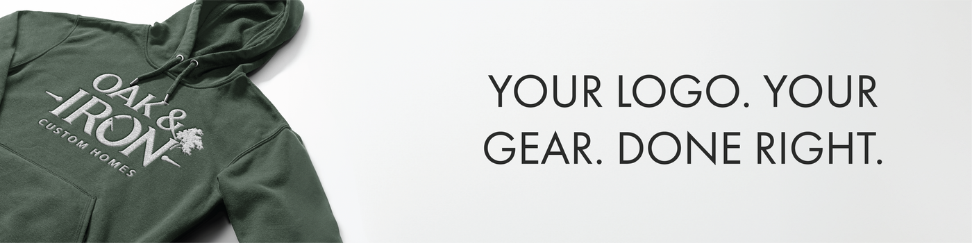 A large company logo embroidered across the front of a green hoodie, with overlay text that reads “Your logo. Your gear. Done right.”, showcasing CCS’s expertise in bold, custom embroidery.