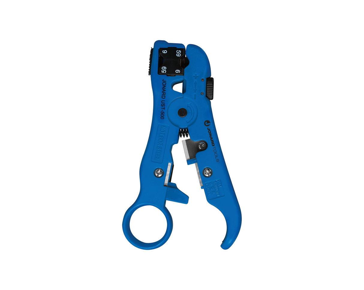 Universal Cable Stripping Tool with Cable Stop for COAX, Network, and Telephone Cables | UST-596 - Cable Connection & Supply