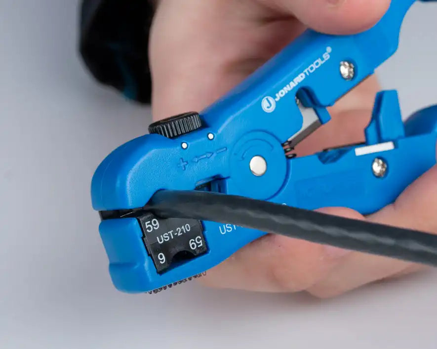 Universal Cable Stripping Tool with Cable Stop for COAX, Network, and Telephone Cables | UST-596 - Cable Connection & Supply
