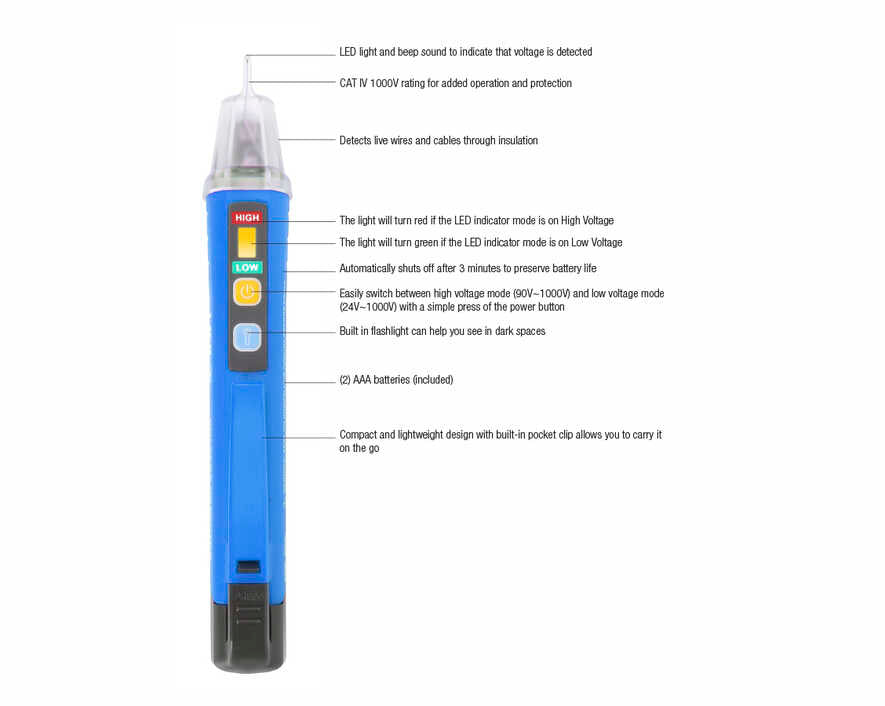 Non-Contact Dual Range Voltage Detector Pen, 24-1000VAC & 90-1000VAC W/LED Flashlight | VT-1100 - Cable Connection & Supply