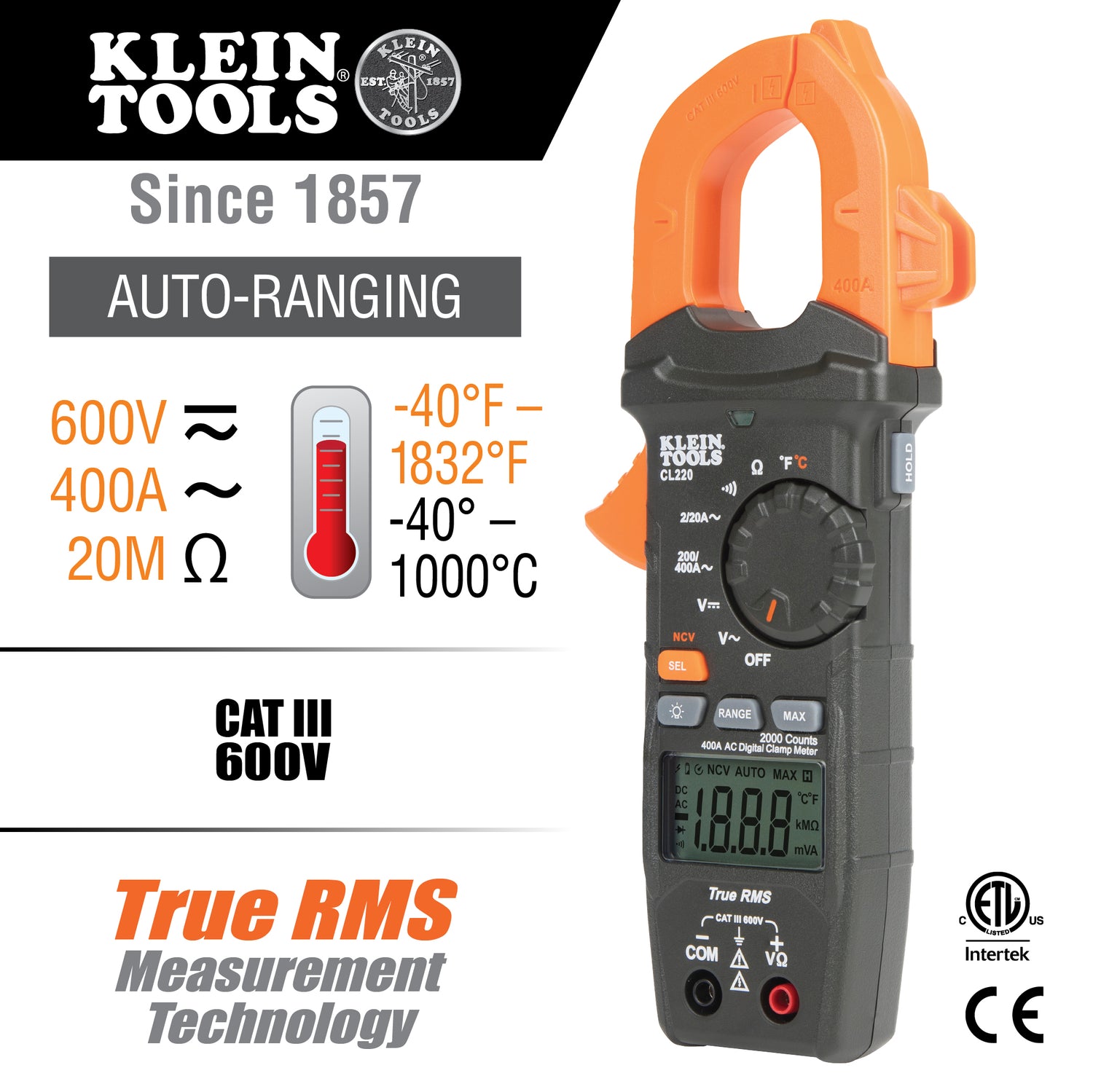 Digital Clamp Meter, AC Auto-Ranging 400 Amp with Temp | CL220 - Cable Connection & Supply