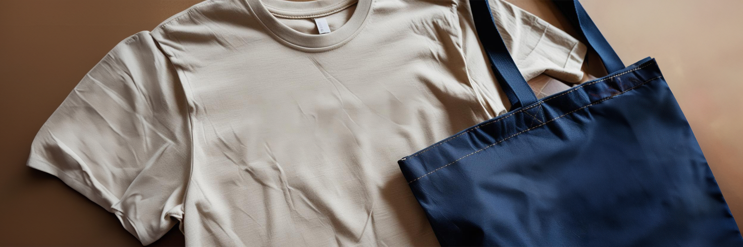 Illustration of a gray T-shirt and a tote bag, both displaying the text