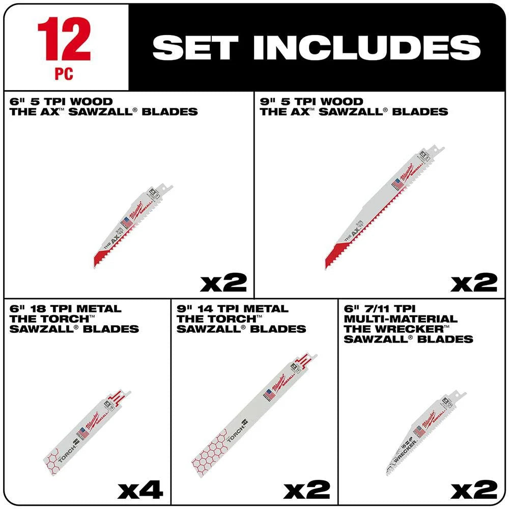 SAWZALL Demolition Wood and Metal Cutting Bi-Metal Reciprocating Blade Set (12-Piece) | 49-22-1129 - Cable Connection & Supply