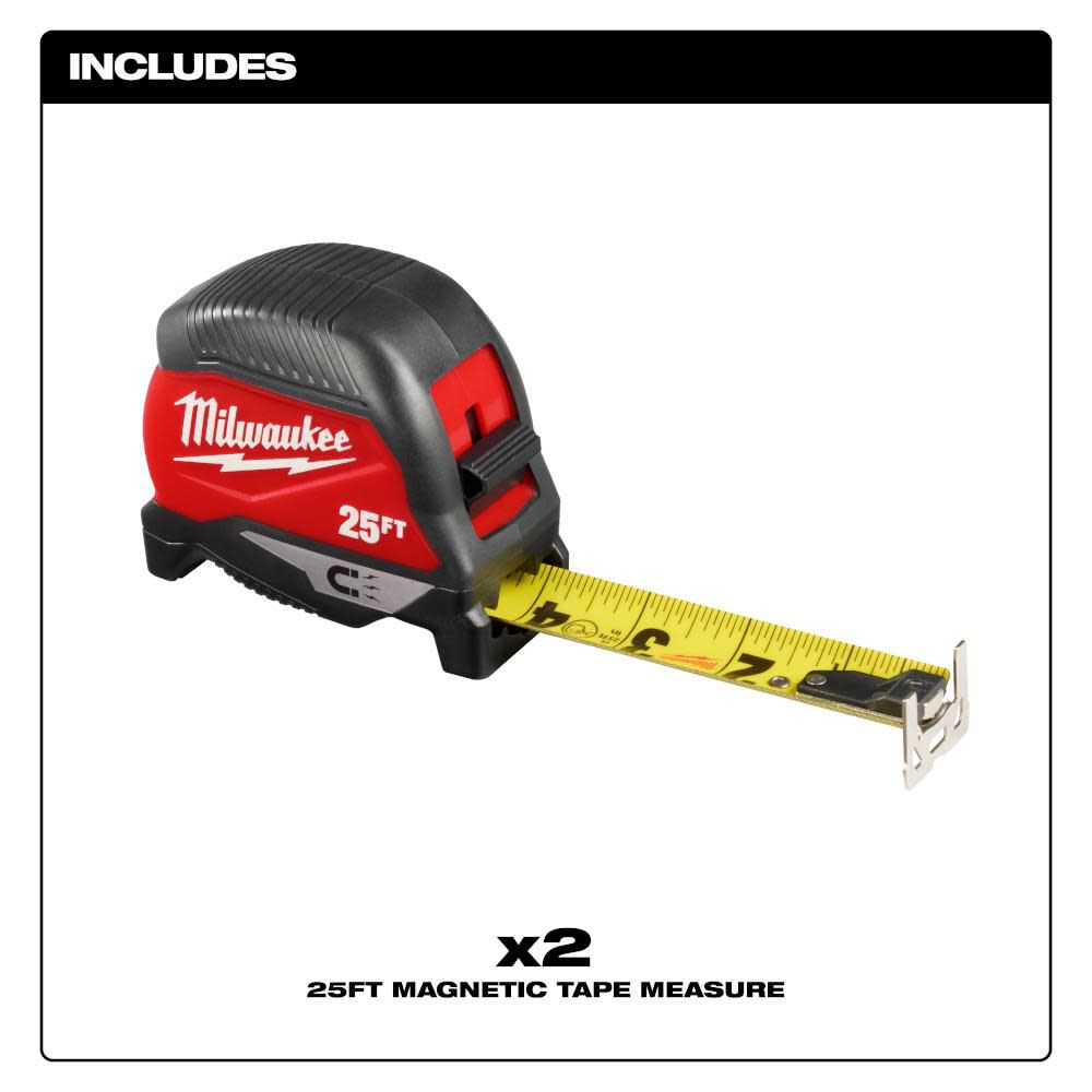 Milwaukee 25 Ft. Magnetic Tape Measure, 2 Pack | 48-22-1025MG - Cable Connection & Supply