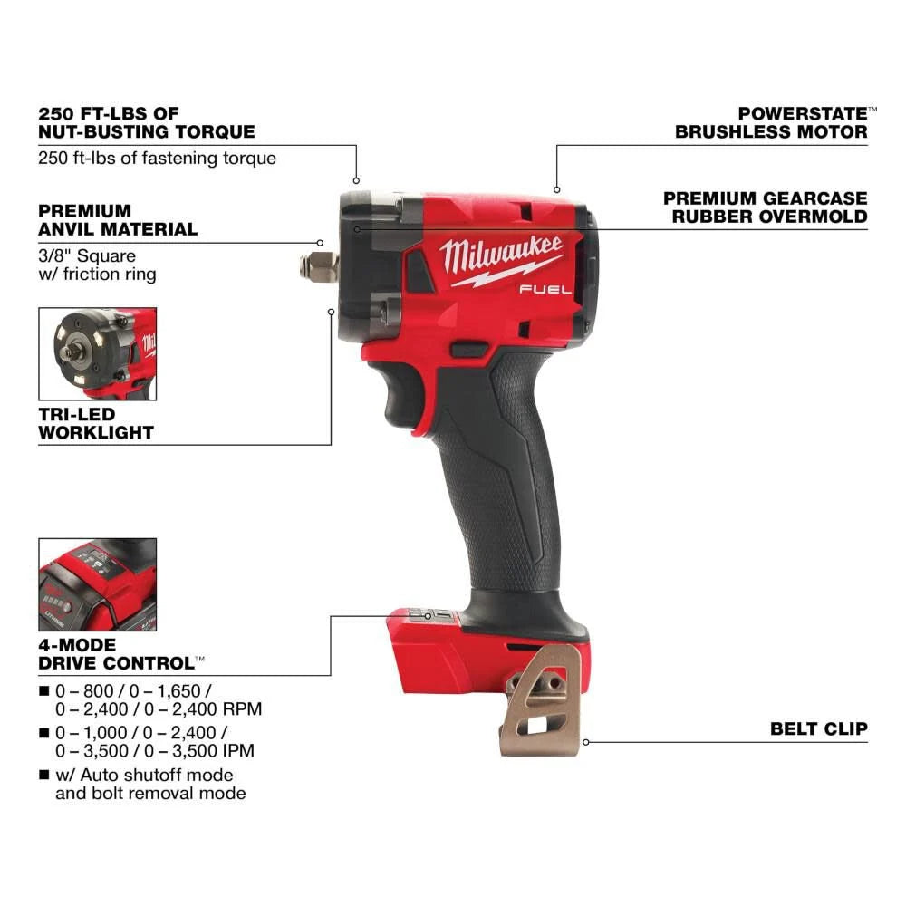 Milwaukee M18 FUEL 3/8 Compact Impact Wrench with Friction Ring (Tool Only) | 2854-20 - Cable Connection & Supply