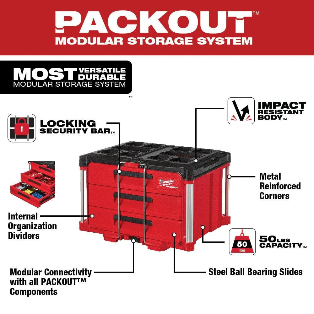 PACKOUT 22 in. Modular 3-Drawer Tool Box with Metal Reinforced Corners | 48-22-8443 - Cable Connection & Supply