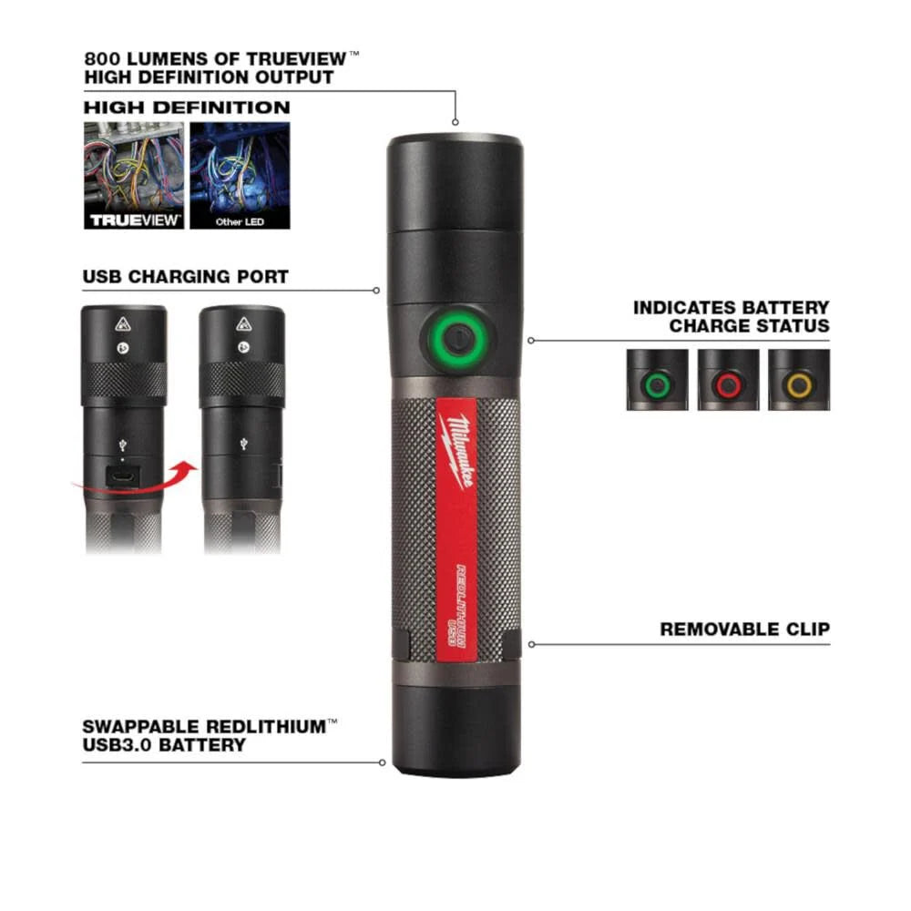 Milwaukee USB Rechargeable 800 Lumens Compact Flashlight Kit | 2160-21 - Cable Connection & Supply