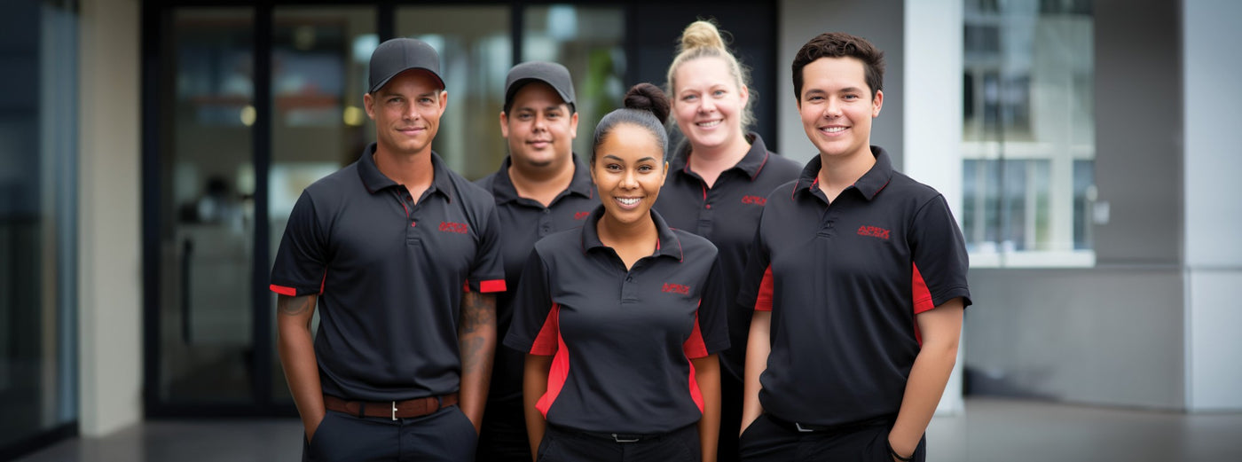 Five employees in matching black and red uniforms standing together in front of a building.