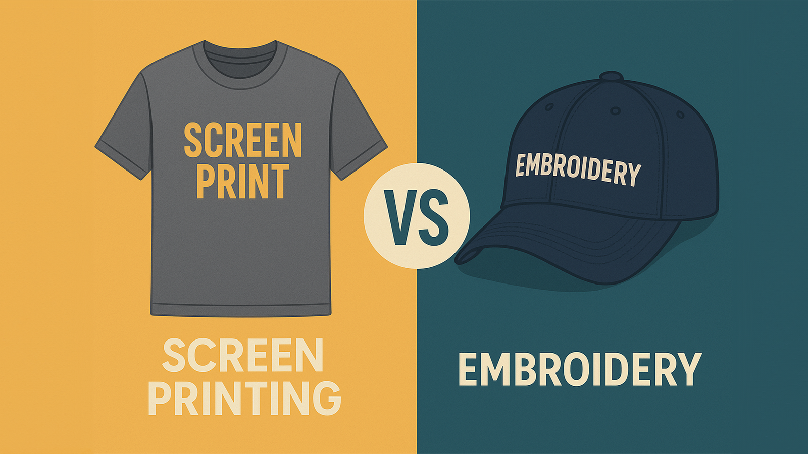 Close-up image comparing embroidery and screen printing on fabric—embroidery features raised, textured stitching, while screen print shows a smooth, ink-based design.