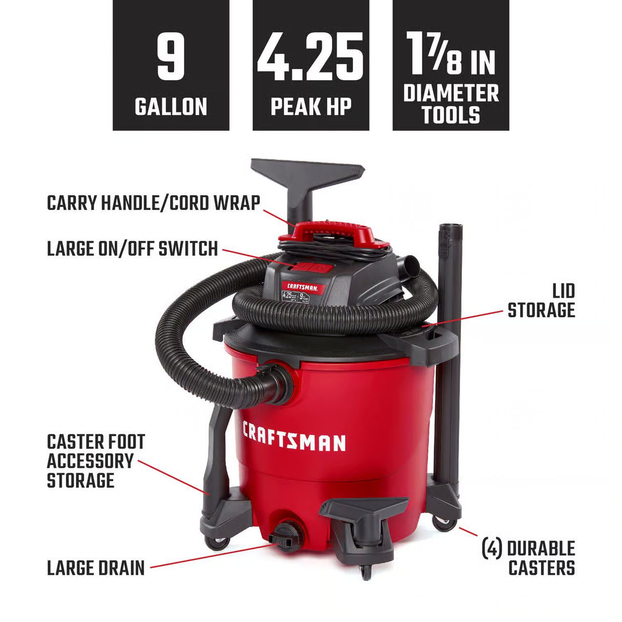 Craftsman 9 gal. Corded Wet/Dry Vacuum 8.3 amps 120 V 4.25 HP | CMXEVBE17590 - Cable Connection & Supply 