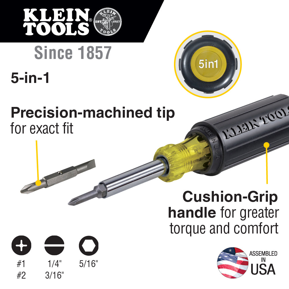 Multi-Bit Screwdriver / Nut Driver, 5-in-1, Phillips, Slotted Bits | 32476 - Cable Connection & Supply 