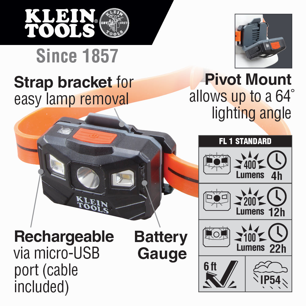 Rechargeable Headlamp with Silicone Strap, 400 Lumens, All-Day Runtime | 56064 - Cable Connection & Supply 