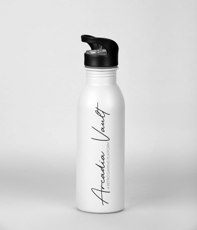Reusable water bottle with a screw-on lid and company logo, promoting hydration and sustainability