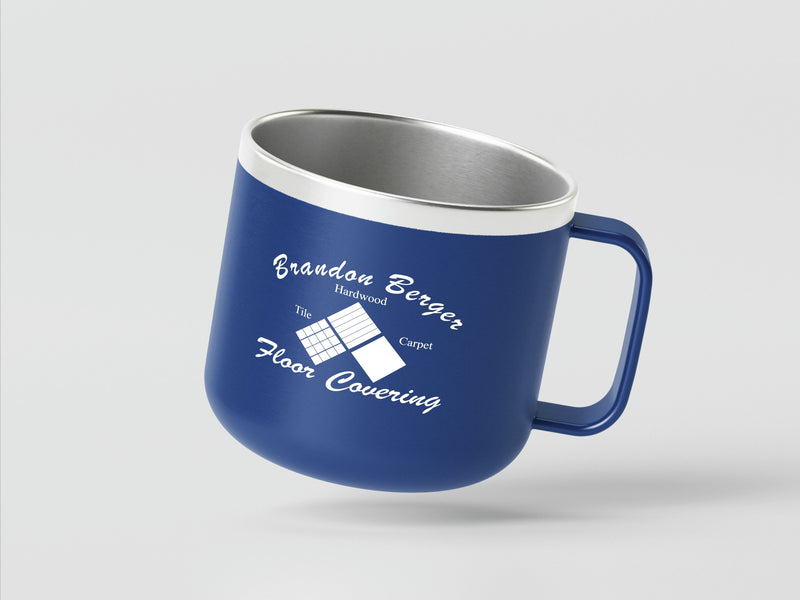 Insulated stainless steel coffee cup with a company logo, designed to keep beverages hot or cold while showcasing the brand.