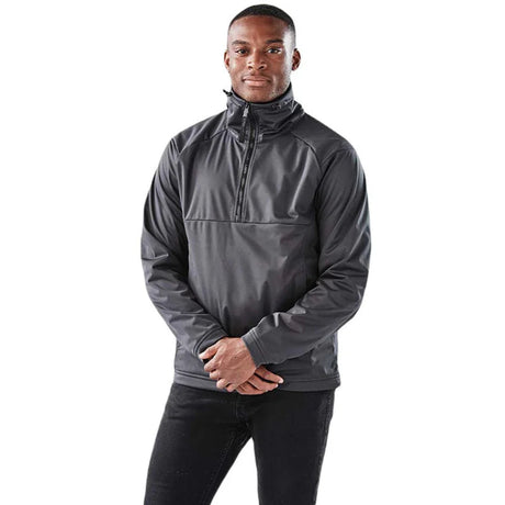 Man wearing a gray pullover with a quarter zip on a white background