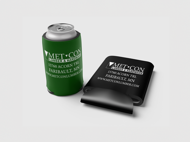 A black and green can koozie with a local company name printed on the side, showcasing CCS’s custom printing services for promotional and practical accessories.