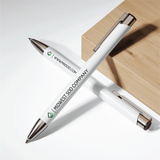 Close-up of a sleek, black ballpoint pen featuring a company logo, symbolizing a practical and daily-use promotional item