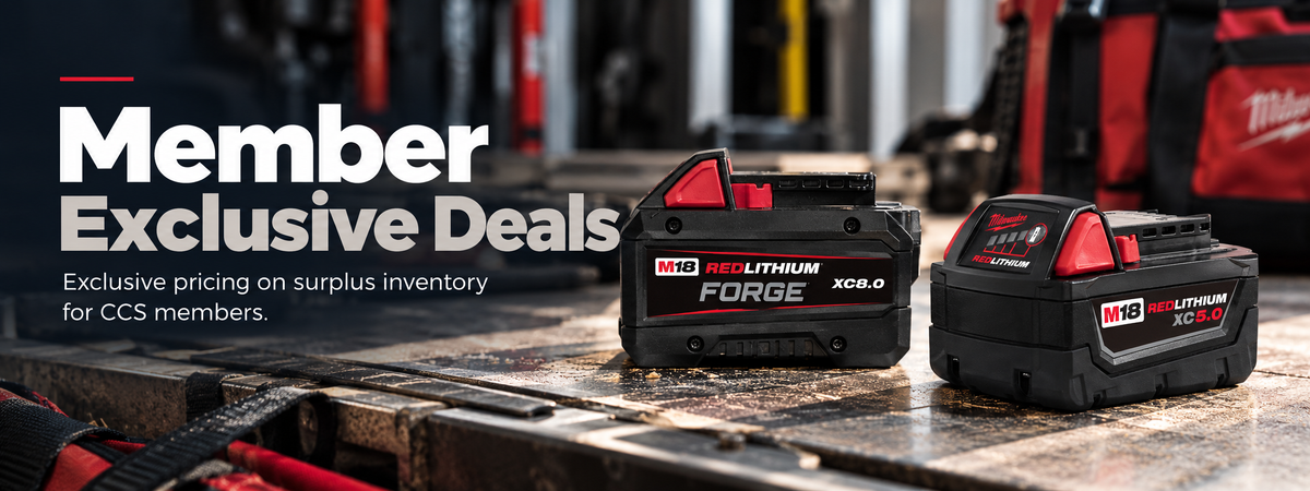 Two Milwaukee FCX-0 cordless battery packs displayed on a workbench in a workshop setting, with promotional text on the left reading 'Member Exclusive Deals'.