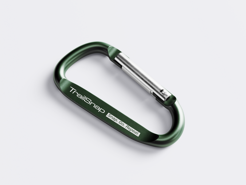 Metal carabiner clip with a branded logo and tag, ideal for attaching keys or gear to bags, belts, or backpacks.