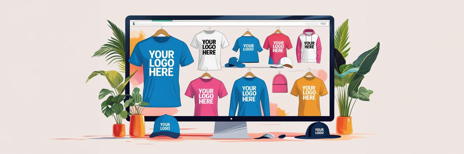 Assorted apparel items featuring 'Your Logo Here' designs displayed next to a computer screen showcasing online company storefronts