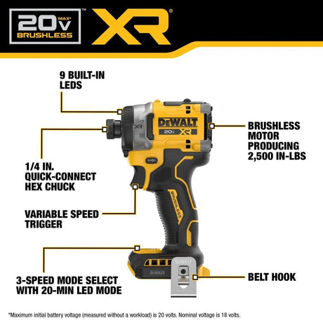 DEWALT 20V MAX XR 3-Speed 1/4 Inch High Torque Impact Driver (Tool Only) | DCF860B - Cable Connection & Supply 