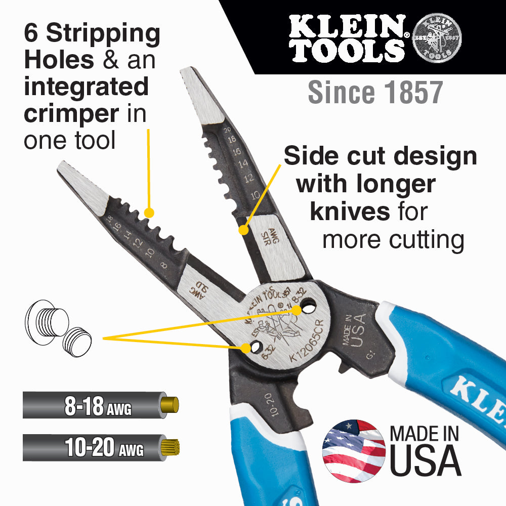 Klein-Kurve® Heavy-Duty Wire Stripper / Cutter / Crimper Multi Tool, 8-20 AWG | K12065CR - Cable Connection & Supply 