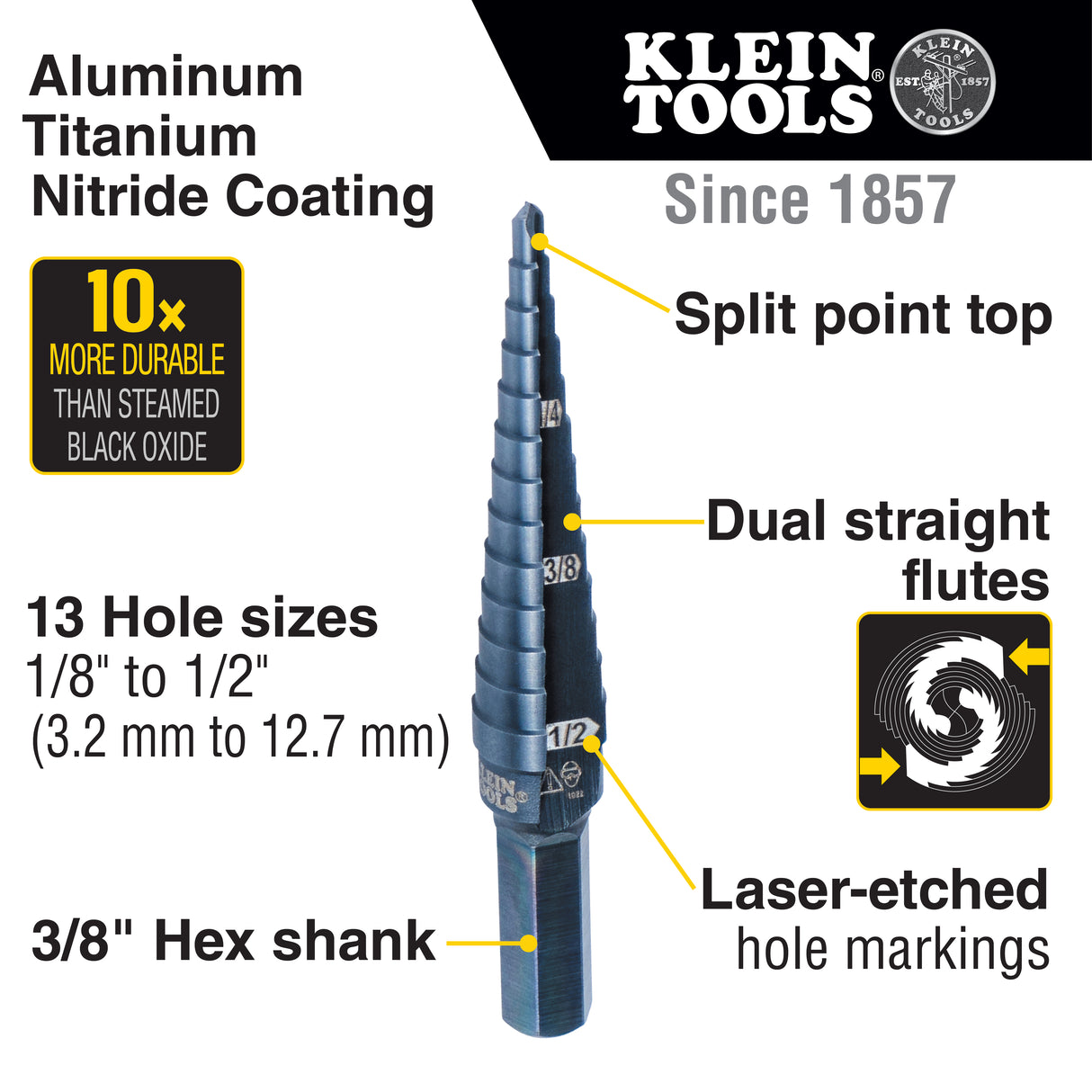 13-Step Drill Bit, 3/8-Inch Hex, Double Straight Flute, 1/8-Inch to 1/2-Inch | KTSB01 - Cable Connection & Supply 