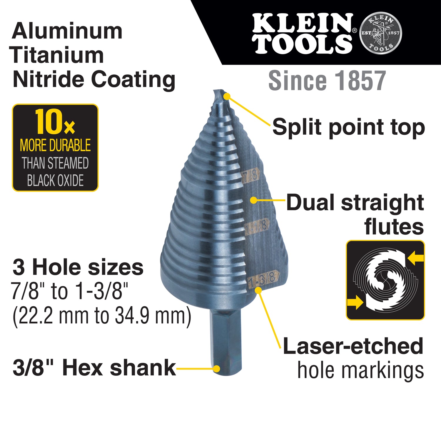 3-Step Drill Bit, 3/8-Inch Hex, Double Straight Flute, 7/8-Inch to 1-3/8-Inch | KTSB15 - Cable Connection & Supply 