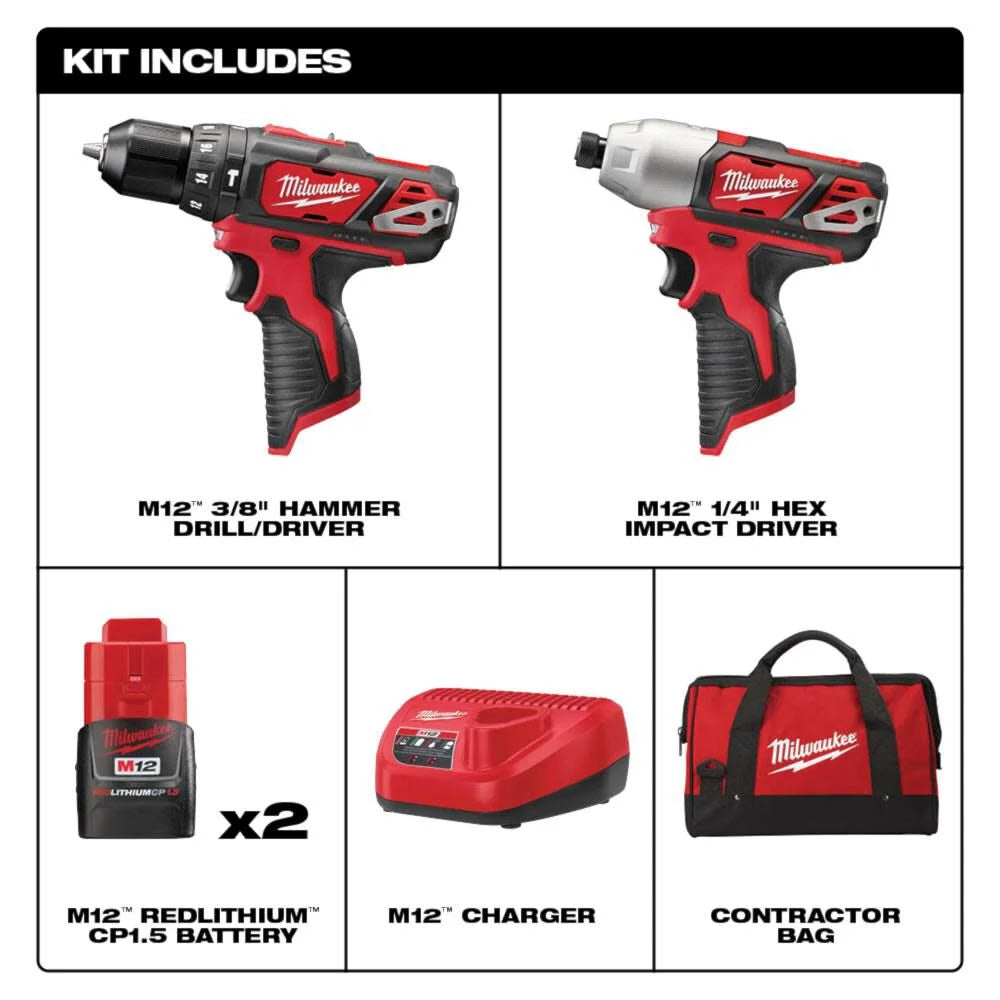 Milwaukee M12 12V Hammer Drill/Impact Driver Combo Kit 2 Tool | 2497-22 - Cable Connection & Supply 