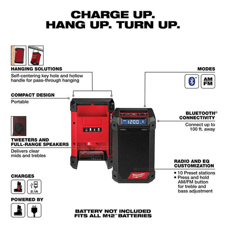 M12 12-Volt Lithium-Ion Cordless Bluetooth/AM/FM Jobsite Radio with Charger | 2951-20 - Cable Connection & Supply 