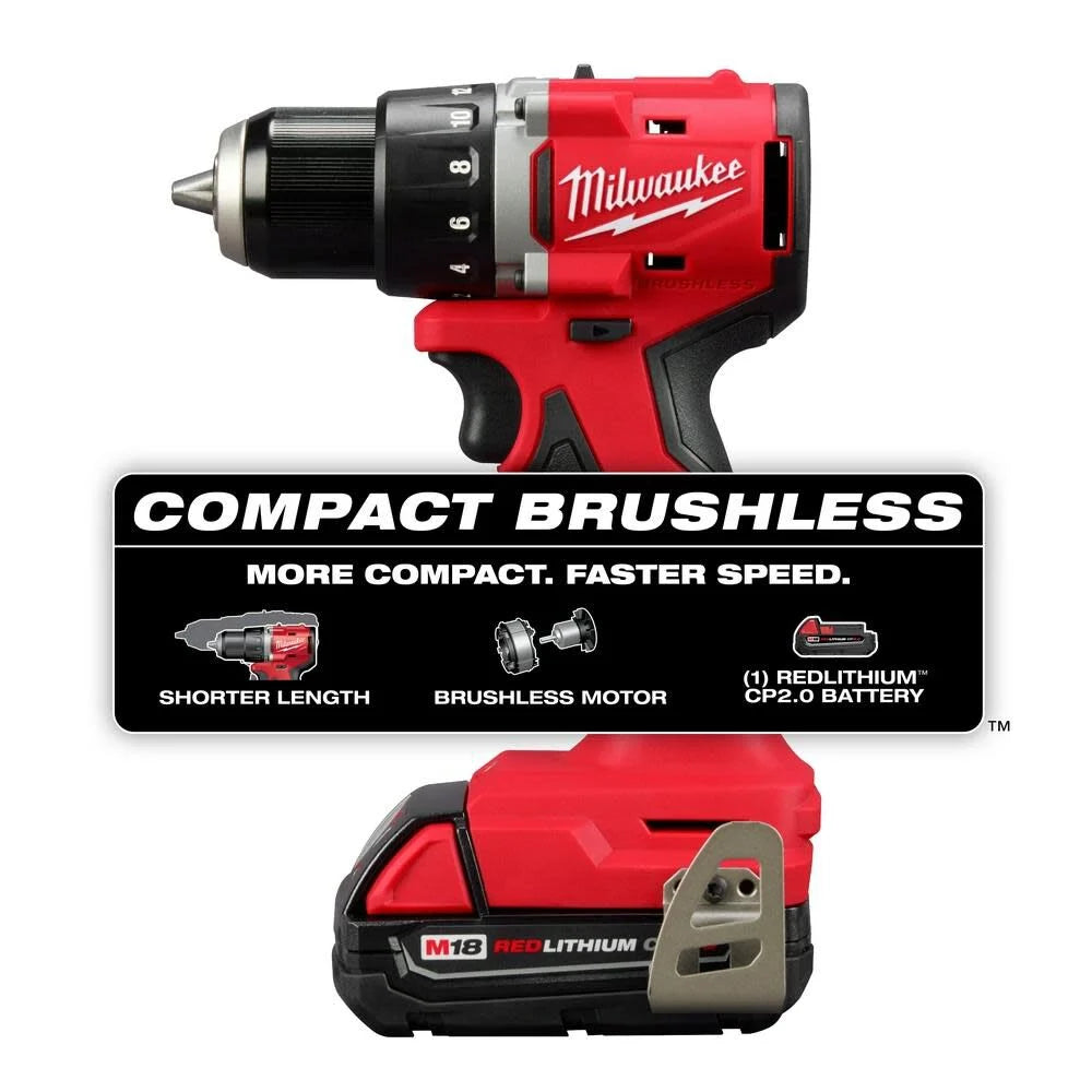 M18 18V Lithium-Ion Brushless Cordless 1/2 in. Compact Drill/Driver with One 2.0 Ah Battery, Charger and Tool Bag | 3601-21P - Cable Connection & Supply 