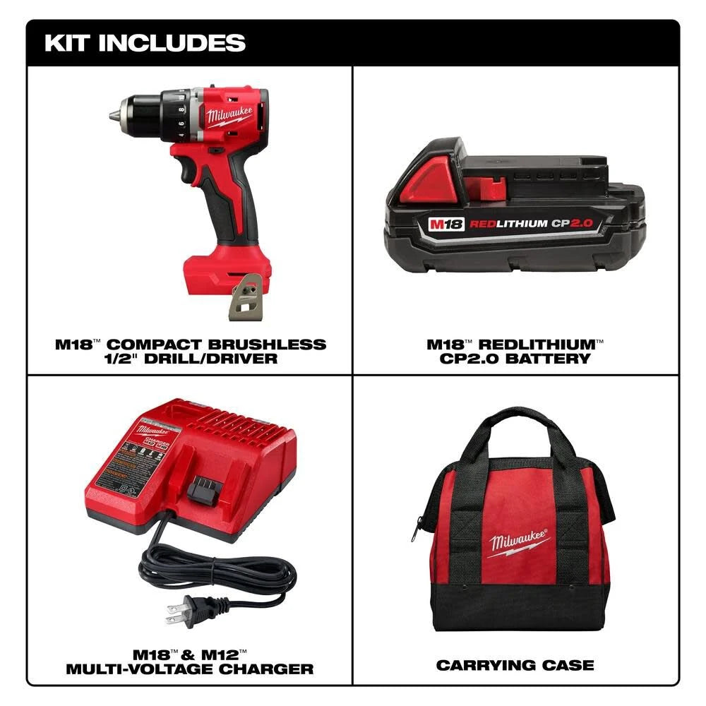 M18 18V Lithium-Ion Brushless Cordless 1/2 in. Compact Drill/Driver with One 2.0 Ah Battery, Charger and Tool Bag | 3601-21P - Cable Connection & Supply 