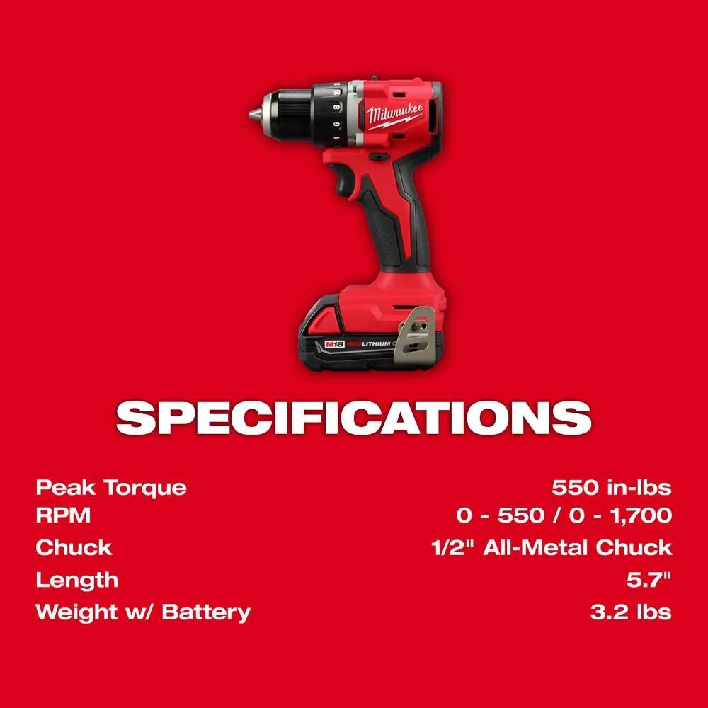 M18 18V Lithium-Ion Brushless Cordless 1/2 in. Compact Drill/Driver with One 2.0 Ah Battery, Charger and Tool Bag | 3601-21P - Cable Connection & Supply 