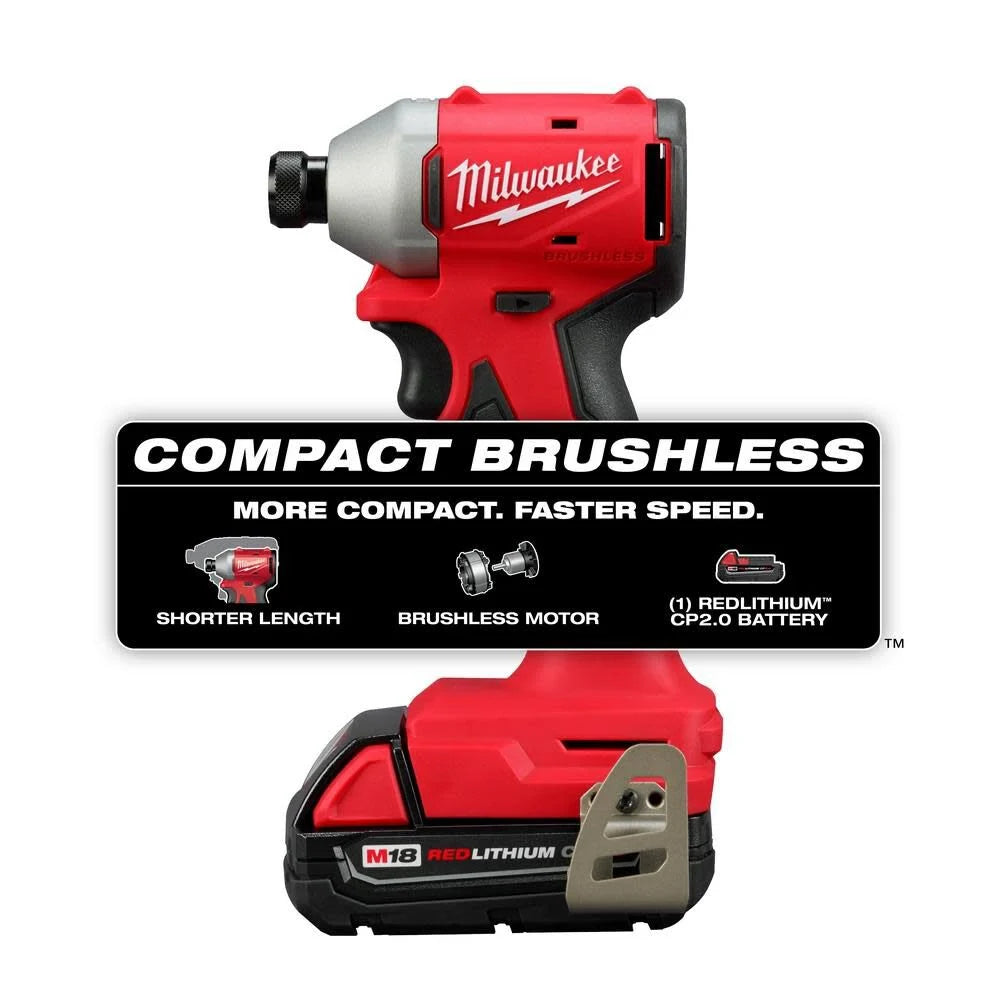 M18 18 Volt Lithium Ion Compact Brushless Cordless 1 4 in. Impact Driver Kit with One 2.0 Ah Battery Charger Tool Bag 3650 21P Cable Connection Supply