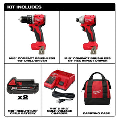 M18 18V Lithium-Ion Brushless Cordless Compact Drill/Impact Combo Kit (2-Tool) w/(2) 2.0 Ah Batteries, Charger & Bag | 3692-22CT - Cable Connection & Supply 