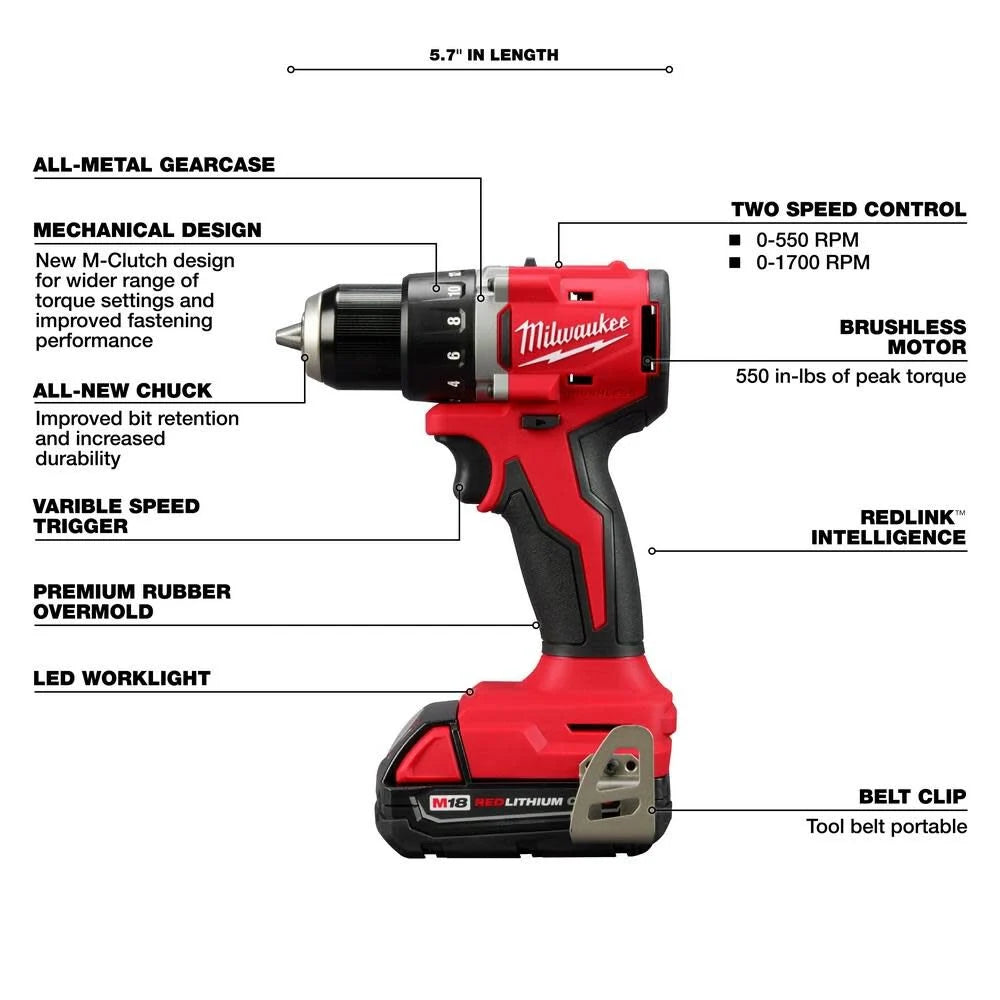 M18 18V Lithium-Ion Brushless Cordless Compact Drill/Impact Combo Kit (2-Tool) w/(2) 2.0 Ah Batteries, Charger & Bag | 3692-22CT - Cable Connection & Supply 