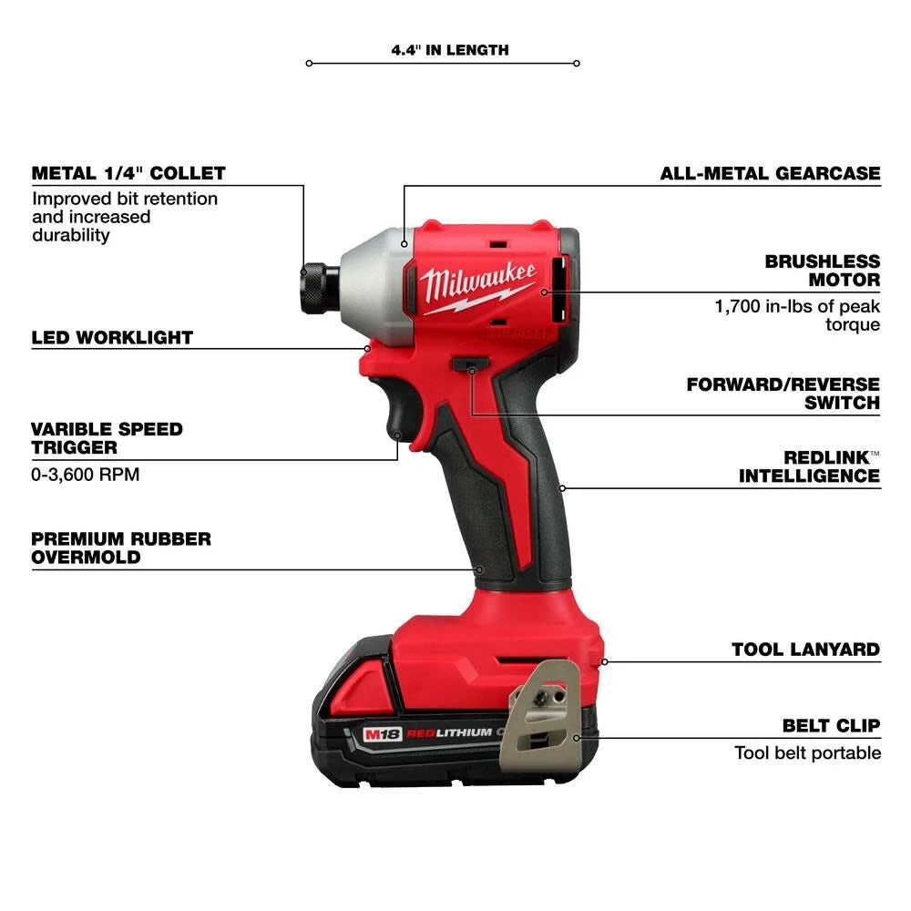 M18 18V Lithium-Ion Brushless Cordless Compact Drill/Impact Combo Kit (2-Tool) w/(2) 2.0 Ah Batteries, Charger & Bag | 3692-22CT - Cable Connection & Supply 