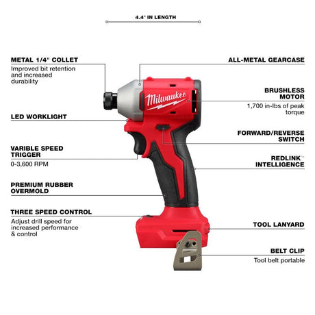 M18 18-Volt Lithium-Ion Brushless Cordless Compact Hammer Drill/Impact Combo Kit (2-Tool) with (2) Batteries, Bag | 3693-22CX - Cable Connection & Supply 
