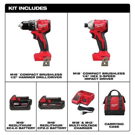 M18 18-Volt Lithium-Ion Brushless Cordless Compact Hammer Drill/Impact Combo Kit (2-Tool) with (2) Batteries, Bag | 3693-22CX - Cable Connection & Supply 