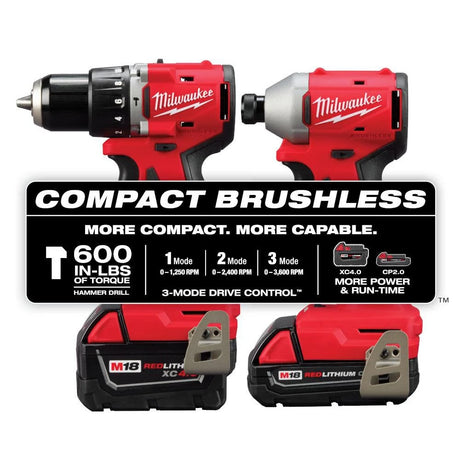 M18 18-Volt Lithium-Ion Brushless Cordless Compact Hammer Drill/Impact Combo Kit (2-Tool) with (2) Batteries, Bag | 3693-22CX - Cable Connection & Supply 