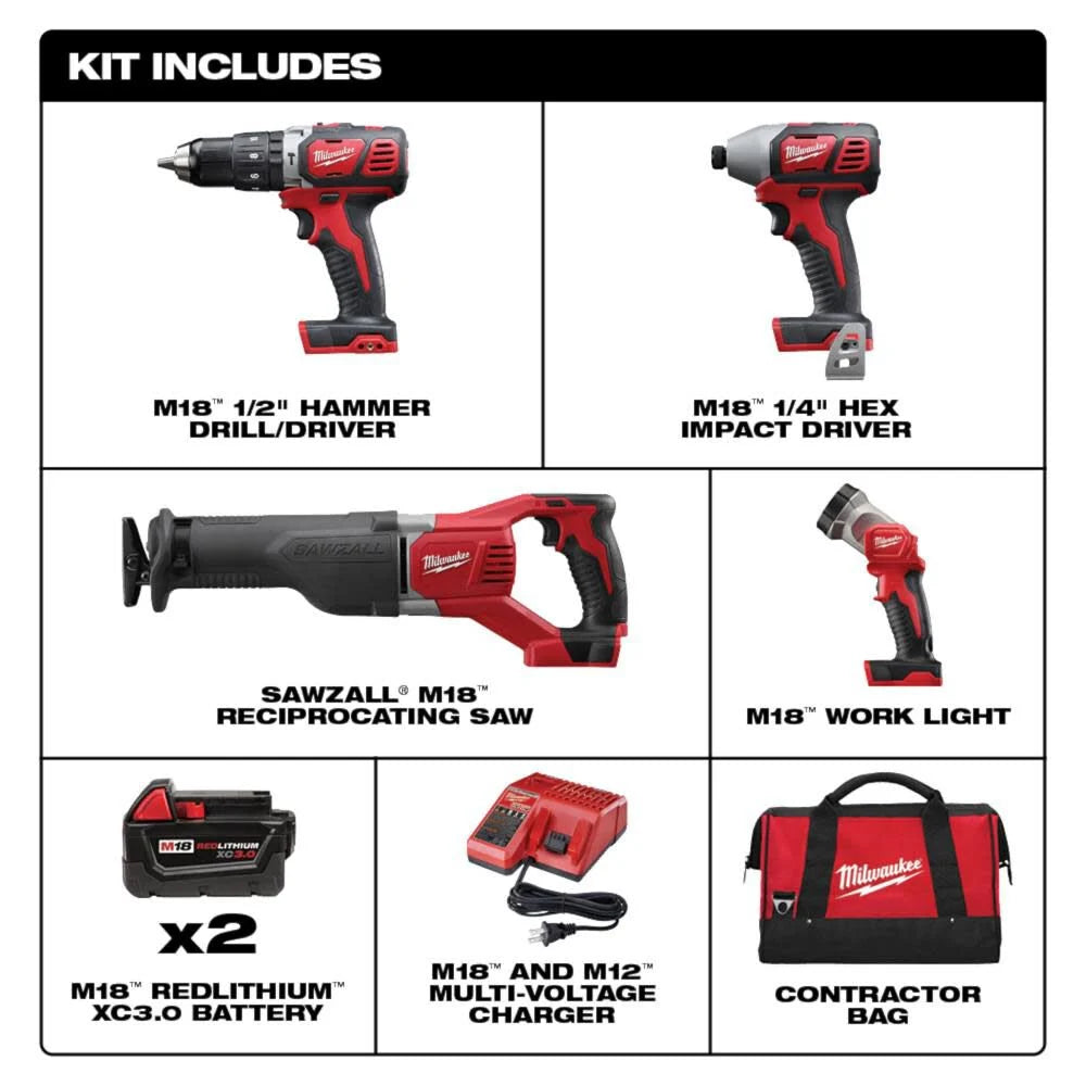 Milwaukee M18 Cordless Lithium-Ion 4-Tool Combo Kit | 2696-24 - Cable Connection & Supply 