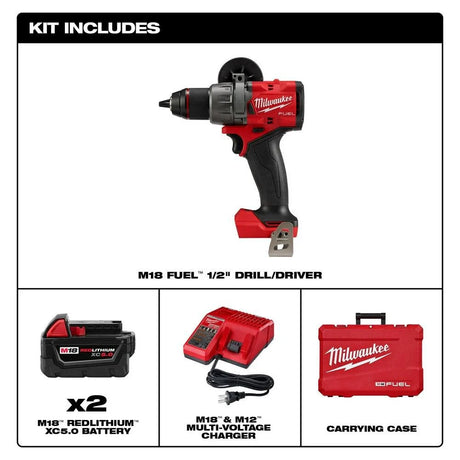 M18 FUEL 18V Lithium-Ion Brushless Cordless 1/2 in. Drill/Driver Kit W/(2) 5.0Ah Batteries, Charger, and Hard Case | 2903-22 - Cable Connection & Supply 