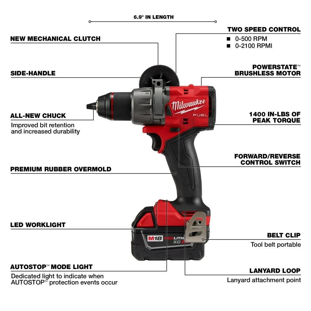 M18 FUEL 18V Lithium-Ion Brushless Cordless 1/2 in. Drill/Driver Kit W/(2) 5.0Ah Batteries, Charger, and Hard Case | 2903-22 - Cable Connection & Supply 