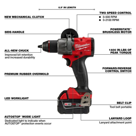 M18 FUEL 18V Lithium-Ion Brushless Cordless 1/2 in. Drill/Driver Kit W/(2) 5.0Ah Batteries, Charger, and Hard Case | 2903-22 - Cable Connection & Supply 
