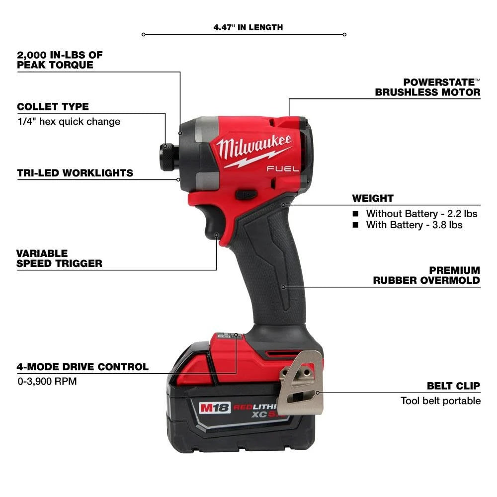 M18 FUEL 18V Lithium-Ion Brushless Cordless 1/4 in. Hex Impact Driver Kit with Two 5.0Ah Batteries Charger Hard Case | 2953-22 - Cable Connection & Supply 