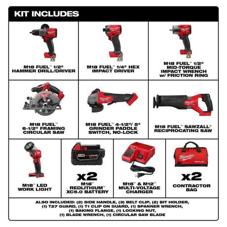 M18 FUEL 18V Lithium-Ion Brushless Cordless Combo Kit with Two 5.0 Ah Batteries, 1 Charger, 2 Tool Bags (7-Tool) | 3697-27 - Cable Connection & Supply 