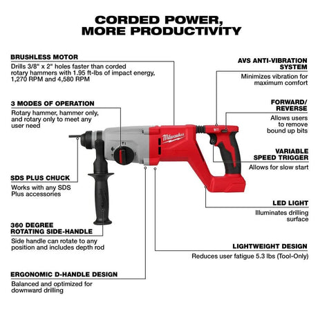 M18 18V Lithium-Ion Brushless Cordless 1 in. SDS-Plus D-Handle Rotary Hammer (Tool-Only) | 2613-20 - Cable Connection & Supply 