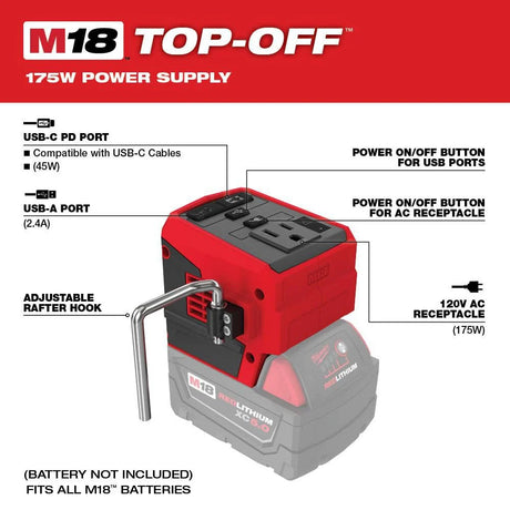 M18 18-Volt Lithium-Ion TOP-OFF 175-Watt Powered Compact Inverter for M18 Batteries (Tool-Only) | 2846-20 - Cable Connection & Supply 